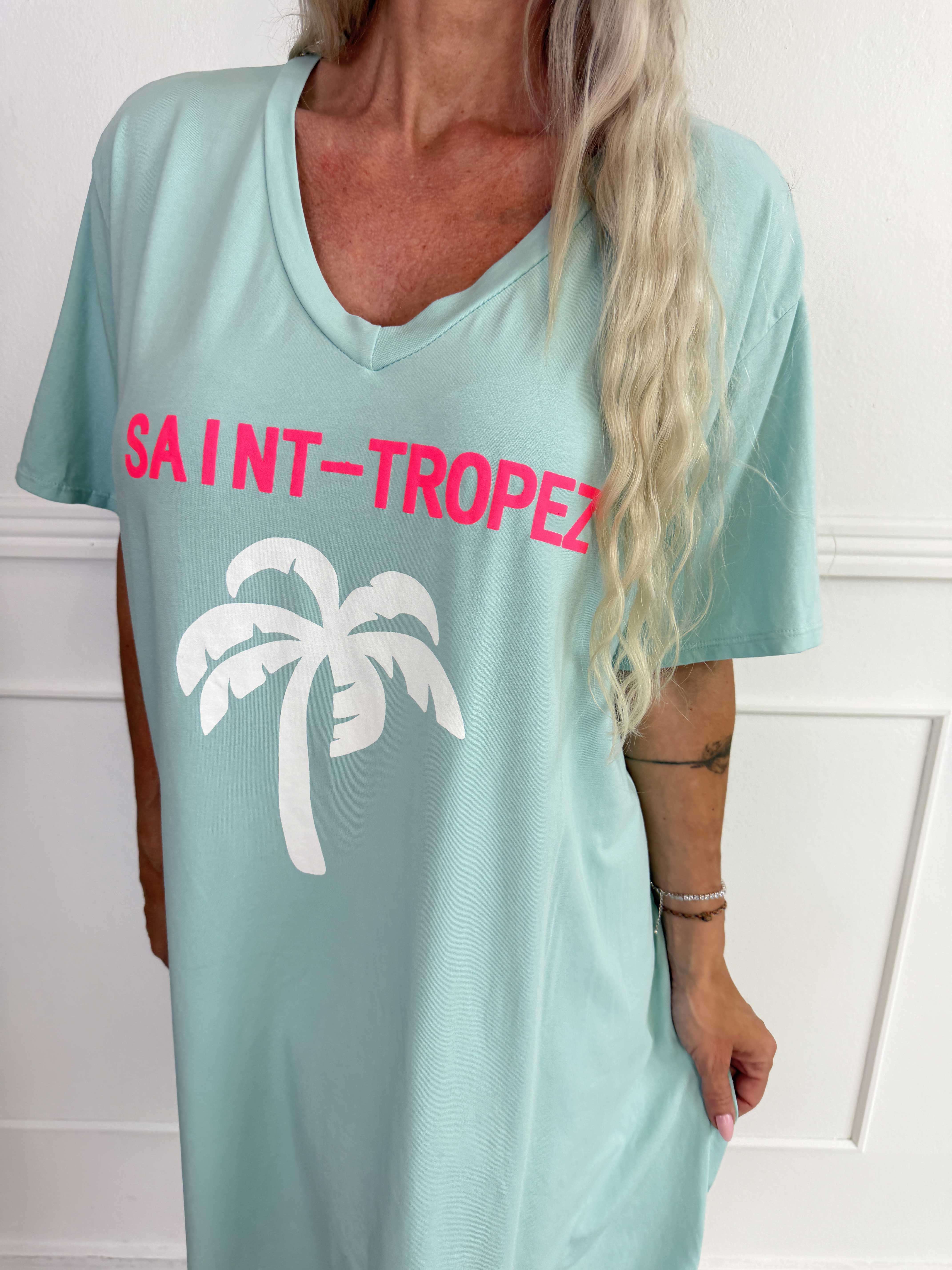 Janina - Blød t-shirtkjole i bomuld med palme på maven